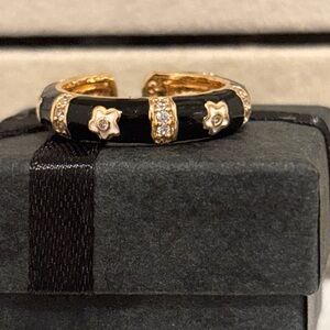 Pretty Bird Black, White, & Gold Enamel Floral Ring, Cuff Band Adjustable